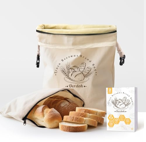 Oerdoh Bread Bags for Homemade Bread - 2 Packs XL Reusable Organic Beeswax Linen Cotton Sourdough Bag, Homesteading Essentials Sourdough Bags with Sealing Zip to Keep Fresh