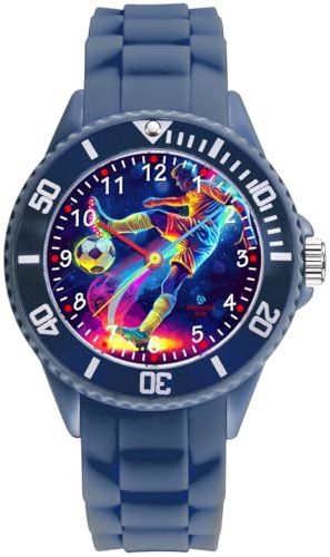 Alienwork Football Garçons Montre Pédagogique Apprendre l'Heure Enfants Garçon Bleu Marin Bracelet en Silicone Multicolore Enfants Résistant à l'eau 5 ATM Temps d'apprentissage