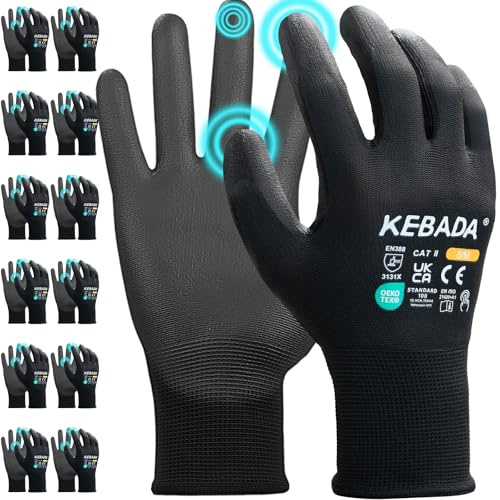 Kebada Work Gloves for Men & Women, Touchscreen, PU Coated, W1, 12 Pairs | Black, Size 8/M, breathable knit, secure grip, safety gloves for gardening, mechanics, warehouse, driving & construction