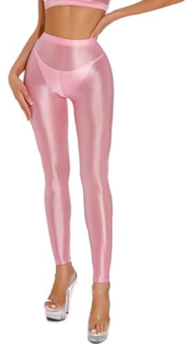 Women's Shiny Leggings, High Waist Tummy Control Glossy Yoga Sports Pants, Stretchy Foil Metallic Spandex Tights for 80s Disco, Slim Fit Solid Full Length Trousers for Dancewear Nightclub Rave Party
