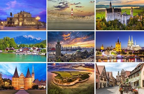 Postkarten-Set Deutschland - 9 Grußkarten / Karten / Ansichtskarten | Fotos Bilder aus Hamburg (Hafen) Köln Dresden Lübeck Amrum Rügen Rothenburg ob der Tauber Schloss Neuschwanstein (Bayern)