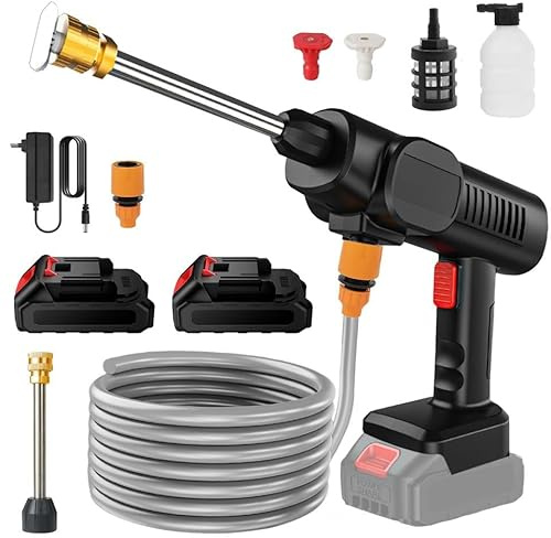 Nettoyeur Haute Pression, 30bar Nettoyeur Haute Pression sans Fil, 21V Pistolet Portable à Eau Haute Pression avec 2 Batteries,5m Tuyau, Pot en Mousse, Adapté pour Nettoyer Les Voitures, Sols