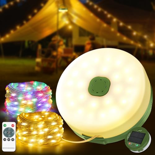 Camping Lichterkette Aufrollbar Solar,Camping Lichterkette 10M 3000mAh | Solar+USB Wiederaufladbare,13 Beleuchtungsmodi,Tragbare Vielseitige LED Lichterkette Außen RGB Wasserdicht für Hof Garten