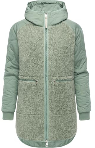 Ragwear Damen Teddyfleece Kurzmantel warmer Plüschmantel mit Kapuze Longeddy YOUMODO Dusty Green25 Gr. S