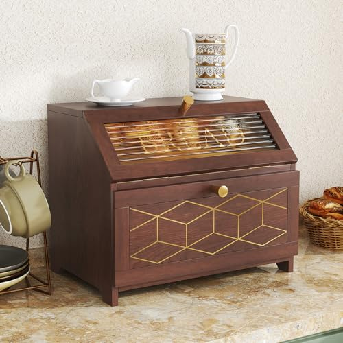 MROJISC Panera de madera, 2 niveles, para pan, panera grande con ventana transparente, para cocina, encimera, almacenamiento de alimentos (marrón)