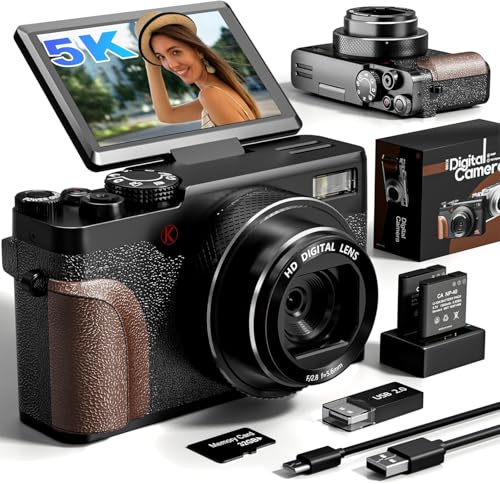 5K 64MP Digital Camera for Photography - 18X Zoom UHD Autofocus Video Vlogging Camera with 180° Flip Screen, 64GB TF Card & 2 Batteries - Compact Travel