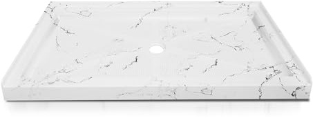CKB 60x30 Inch Shower Base with Carrara Marble White Look, Center Drain Single Threshold Shower Pan, Acrylic Fiberglass Reinforced Non-Slip Alcove Tray with Integrated Flange