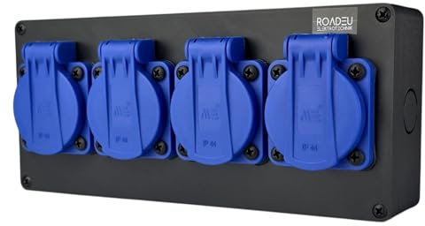 RoadEu – Distribuidor de corriente IP44, 4 x Schuko 230 V 16 A, enchufe múltiple precableado, distribuidor de corriente para construcción con rosca PG13,5, taller, obra y sótano