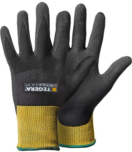 TEGERA® Infinity 8801 - Guantes de Montaje sintéticos (Nailon, Recubrimiento de Espuma de nitrilo, Palma Impermeable, 1 par), Color Negro y Amarillo, Negro