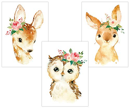 LALELU-Prints Bilder Kinderzimmer Poster Babyzimmer Deko Mädchen Jungen Kinderbilder Set Kinderzimmerbilder (Waldtiere Blumen)