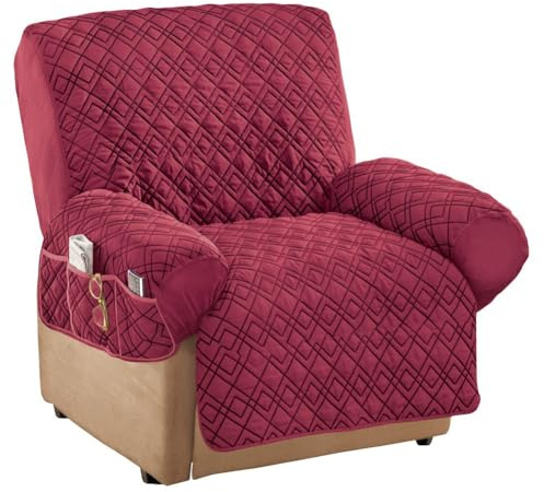 Collections Etc Diamond-Shape Quilted Stretch Recliner Cover with Storage Pockets and Elastic Straps - Furniture Protector, Burgundy, Recliner