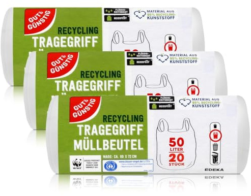 Bra och billigt bärhandtag, soppåse 50 l (20 stycken) – 3-pack – slitstarkt och vätsketät – (3 x 20 stycken)