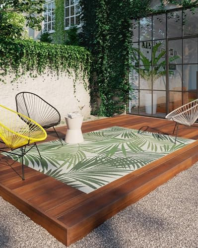 Modern Style Rugs Allbee Tropical Leaves Foliage Green Flatweave Indoor Outdoor Area Rug. Suitable for Patio, Garden, Living Room, Bedroom, Conservatory Medium Sized Outdoor Rug - 80x150cm