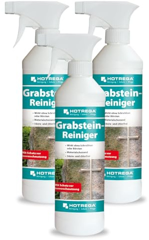 HOTREGA Grabsteinreiniger 3x 500ml | Steinreiniger Naturstein & Marmor | Selbsttätig ohne Schrubben | Schützt 12 Monate vor Neubefall | Ideal für Skulpturen, Bronze, Keramik, Glas & Kunststoffe