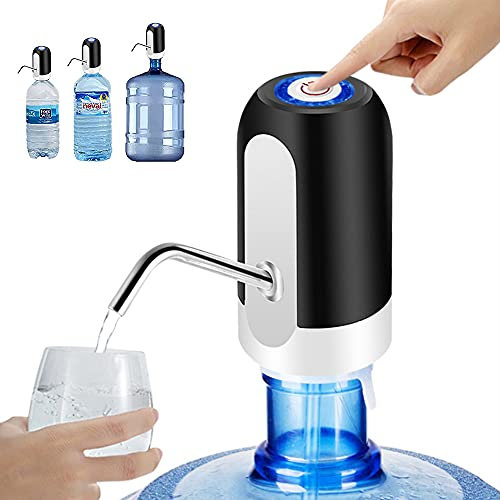 Dispensador de Agua para Garrafas y Botellas, Bomba de Agua con Grifo Carga con USB, con adaptadores de Dos tamaños para Botellas de 5L, 6L, y 20L Akofon Negro y Blanco (Negro)