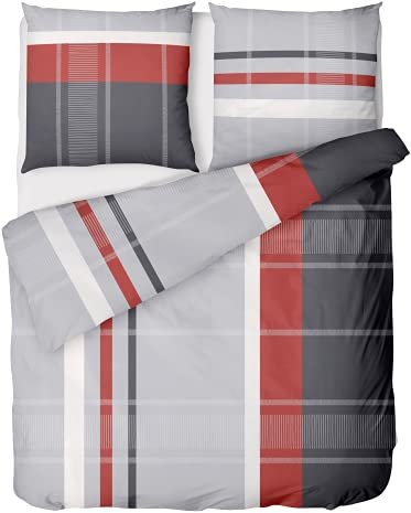 LINKHOFF Bettwäsche 135x200 Rot Grau Gestreift - Bettwäsche-Set 2teilig - Kuschelige Biber-Bettwäsche Baumwolle - Bettbezug 135x200 + Kissenbezug 80x80