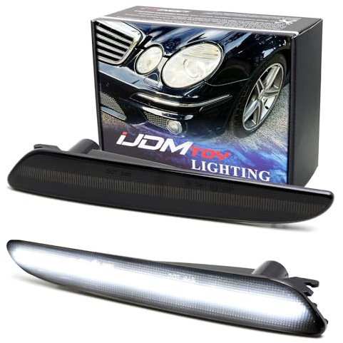 iJDMTOY Smoked Lens White Full LED Strip Front Side Marker Light Assembly Compatible With 2007-2009 Mercedes W211 E-Class LCI, Powered by 60-SMD LED, Replace OEM Amber Sidemarker Lamps