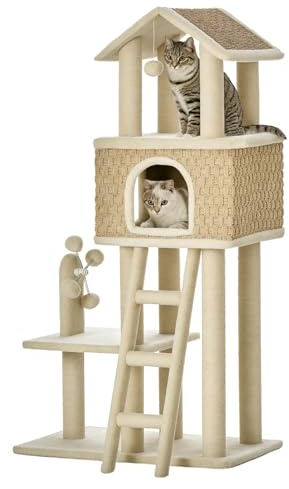 PawHut Kratzbaum Katzenbaum Katzenhöhle Spielbälle 130H cm Khaki+Beige | Kletterbaum, Jutestämmen, Großer Plattform, Spanplatte, Plüsch