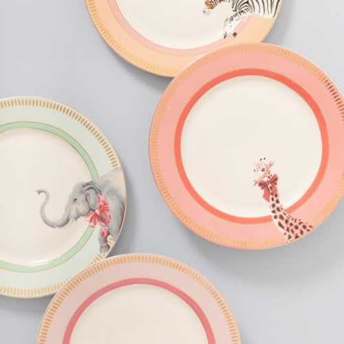 YVONNE ELLEN Lot de 4 assiettes en porcelaine anglaise de style vintage avec détails dorés - 20,3 cm de diamètre - Jolie couleur pastel avec motif insolite
