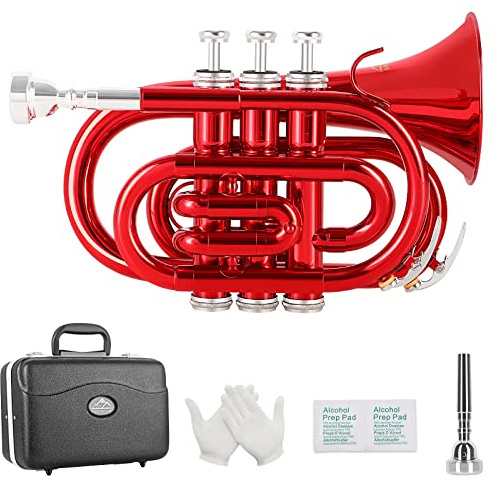 EASTROCK Pocket Trumpet Brass Bb Mini Trumpet with 7 C Mouthpiece, Hard Case, Strap, White Gloves, Cleaning Kit for Students and Beginners(Red)