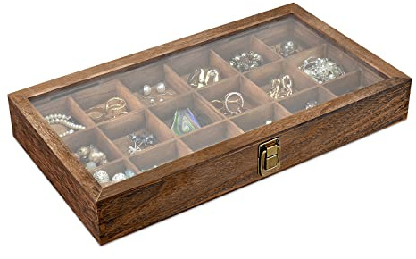 MOOCA Wooden Jewelry Display and Beads Display Storage Case with Tempered Glass Lid , 18 Compartments, 15 W x 8 3/8 L x 2 1/8 H, Brown Color