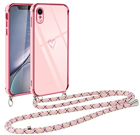 Vauki handyband für iPhone XR Hülle mit Band, Handyhülle mit Kette, Herz Motiv, Ultra Dünn Stoßfeste Aesthetic Case mit Kordel zum Umhängen für iPhone XR 6.1 Zoll, Rosa