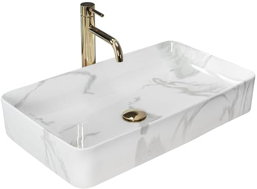 Rea VASQUE À POSER DENIS SHINNY MARMO Lavabo Salle de Bain 615 x 350 x 110 mm en Céramique (Blanc, imitation de marbre)