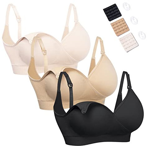 HOFISH Nursing Bras for Breastfeeding Seamless Ultra Comfort Maternity Bra, Pregnancy Sleep Bralette 3Pack Black Beige Pink Medium