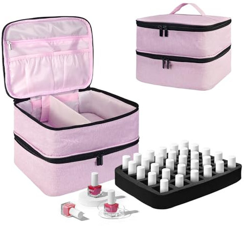 BOHEMIABY Rangement Vernis A Ongle, Couche Double Trousse Maquillage Accessoires Ongles, Malette Onglerie Organisateur 30 Bouteille(15ml) & Lampe à Ongles, Materiel Onglerie Professionnel-Rose