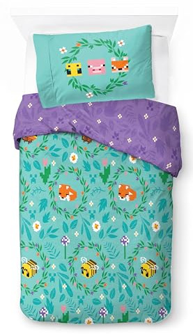 Juego de Cama de Minecraft con Funda de edredón Infantil Individual con Flores de algodón Afelpado - Incluye una Funda de Almohada de 50 x 70 cm