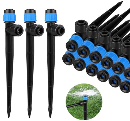 30 Stücke 360 Grad Einstellbare Bewässerung Sprinkler, Garten Bewässerung Tropfer mit Pfahl & Micro Drip Rohrhalter Tropfbewässerungsstrahler for 6,35 mm Schlauch Gewächshaus, Topfpflanzen, Blau