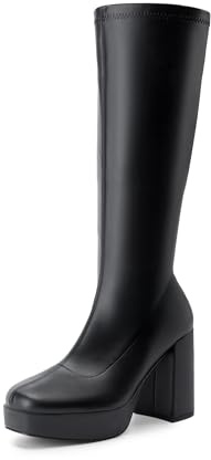 DREAM PAIRS Women's Gogo Knee High Chunky Heel Boots,Size 8,Black-Pu