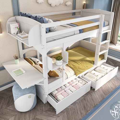 YESGIGA Doppelbett, multifunktionales Kinderbett, mit klappbarem Schreibtisch und Regal, mit Leiter und 2 Schubladen, 90x200