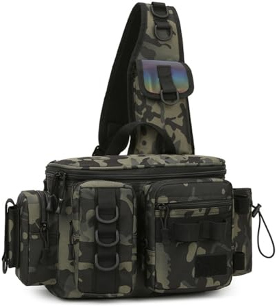 iFutniew pour Matériel de Pêche - Boîte à Leurres, Rangement, Sac Banane pour Pêche à la Mouche, Bandoulière avec Porte-Canne-C - Camouflage Vert