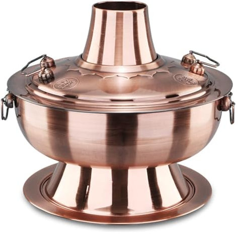 TraditionalChinese Copper hot Pot, Charcoal Hot Pot Vintage Copper Shabu Shabu Pot with Chimney Stainless Steel Shabu Hotpot for Family Party(36cm)