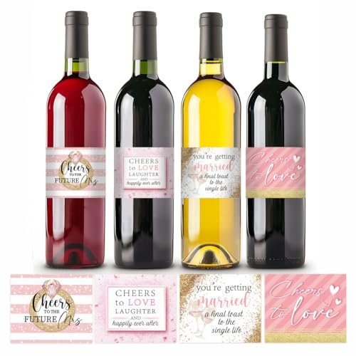 PH PandaHall 40pz Etichette per Bottiglie di Vino Adesivi per Bottiglie di Vino Matrimonio, 4 Stili Adesivo Etichetta Vino Rosa Dorato Matrimonio Fidanzamento, 8.5x10.2cm