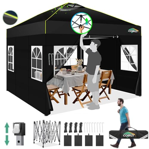 COBIZI Paviljong 3 x 3 m, vattentät, stabil, vintersäker, vikpaviljong, festtält, trädgårdspaviljong, popup paviljong, fällbart tält med 4 sidosidor, ventilationsöppningar, sandsäck för marknaden,