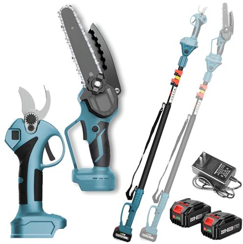 Kit de podadora eléctrica, tijeras de podar inalámbricas y mini motosierra de 6 pulgadas para podar árboles, podadora de jardín con poste de extensión y batería de 2 x 3,0 Ah, para setos arbustos