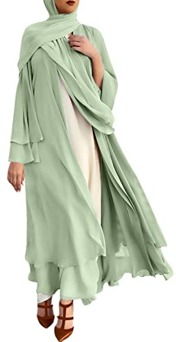 Bauzuoyo Muslimische Kleider für Damen,Gebetskleidung Chiffon Offenes Kleid mit Gürtel Arabischer Kaftan Ethnische Kleidung Abaya Dubai Türkei Islam Kaftan Ramadan Eid Mubarak Robe Ohne Hijab