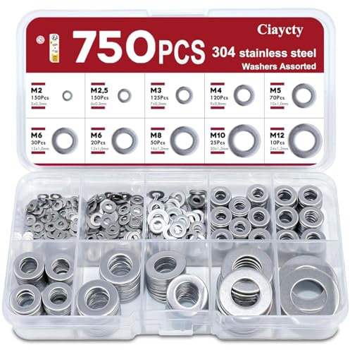 750 Pezzi Rondelle, Ciaycty Rondelle Acciaio, 9 Misure Rondelles Alzaporta Acciaio inox 304, Rondella Metallo M2M2.5M3M4M5M6M8M10M12, Rondella Tappo Olio Motore per per Progetti Meccanici e Fai da T