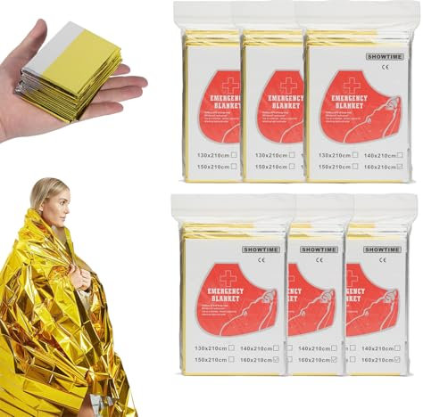 6 Pezzi Coperta Termica Emergenza, 160 x 210cm Telo Termico Sopravvivenza in Argento Oro per Esterni, Escursioni, Sopravvivenza, Freddo, Isolamento, Impermeabile, Riutilizzabile Coperta Isotermica