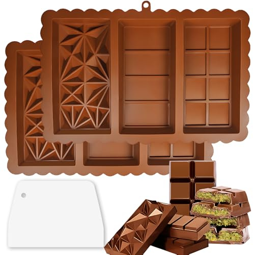 2 Pack 3 in 1 Deep Silicone Chocolate Bar Moulds with Spatula, Big and Thick Chocolate Mould Reusable Molds Kit for DIY Baking Candy Ice Cube Maker