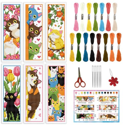 INFUNLY 6 Stück DIY Kreuzstich-Lesezeichen-Set Mit Katzenmotiv Für Anfänger süßes Kätzchen Stickerei Lesezeichen Sets Mit Gestempelter Anleitung Und Gedrucktem Tier Lesezeichen Set Für Katzenliebhaber