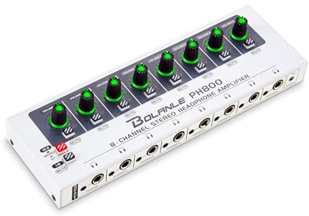 Bolanle PH800 8-Channel Headphone Amp - 16 Output Ports, Jacks 3.5mm&6.35mm, Compact Mono/Stereo Switch, Breathing 7 Color Light