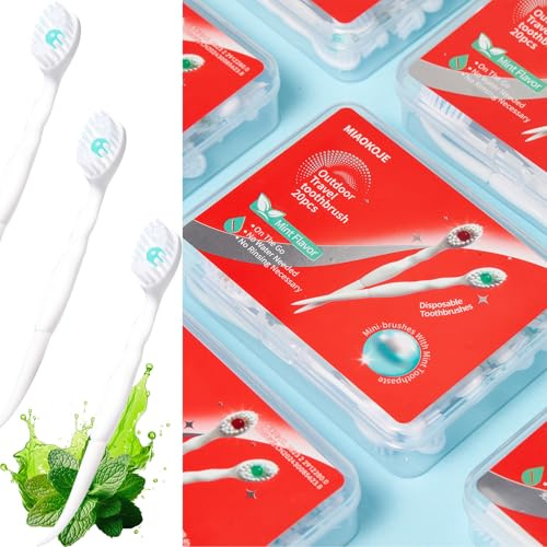 Vonmerie 20 stycken engångs-tandborstar med tandkräm, 5-i-1 (förbunden | tandtråd | tungskrapa | fräsch andedräkt | tandpetare) minitandborste, förpastad tandborste för pärla, mintsmak