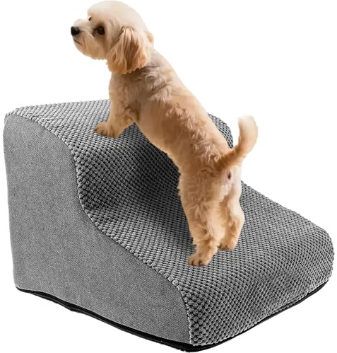 Hunde Treppe Bett 2 Stufen Haustiertreppe 30cm Hoch für Kleine Hunde Hundetreppe mit Waschbarem Bezug und Rutschfestem Boden für Bett Sofa und Auto Bezug Grau aus Hochdichtem Schwamm (grau, S, 2)