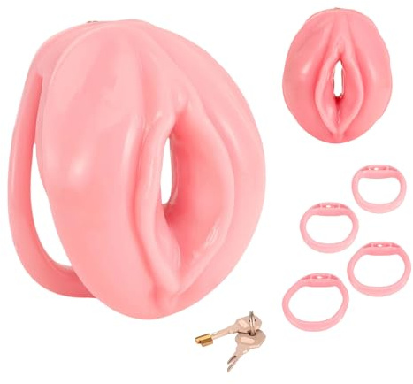 Jouet Adulte Cage de Chasteté pour Pénis avec Mini-Serrure et 4 Anneaux Différents Sex Toys Homme Sissy Chastity Cage Man Légère en Résine et Silicone avec Ceinture pour Attacher le Pénis (Pink)