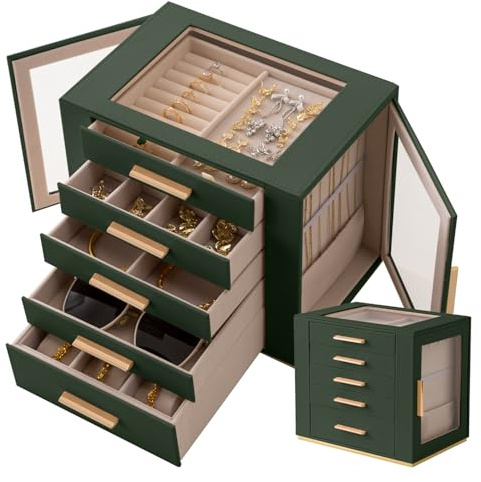 Granbest Boîte à bijoux à 5 niveaux avec couvercle en verre, organiseur de bijoux haute capacité avec tiroirs et miroir, boîte à bijoux en PU pour colliers, boucles d'oreilles, bagues, bracelets (Vert