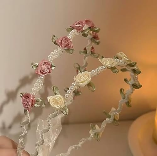 xolear 2 Stück Rose Blumenkranz Haarband, Stirnbandkranz mit Rosen und Perlen Verziert, mit Schleife Flower Crown Geeignet, für Verabredungen, Partys, Hochzeiten und als Geschenk (Beige und Rosa)