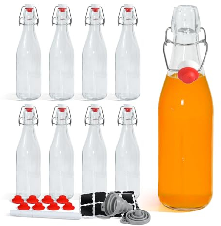 sweet grain 8er-Set Bügelflaschen 500ml, Glasflaschen mit luftdichtem Bügelverschluss – inkl 8 Extra Dichtungen & 16 Etiketten mit Stift, Wiederverwendbare Aromadichte Gärflaschen für Kombucha & Saft